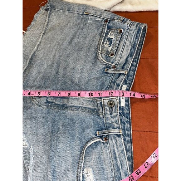 Grlfrnd Blue High-Waisted Distressed Denim Frayed Hems & Button Fly Women's Shor - Picture 6 of 10
